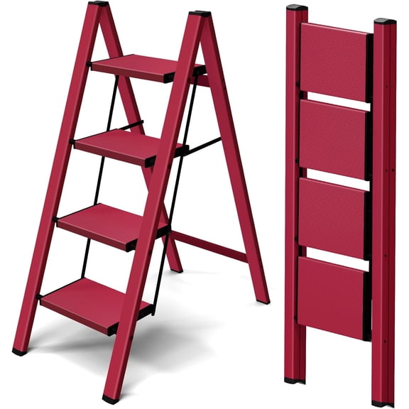 PETGLE 4 Step Ladder,Aluminum Lightweight Folding 4 Step Stool with Anti-Slip Wide Pedal,330lbs Capacity Step Ladder for Household,Kitchen,Office - Red