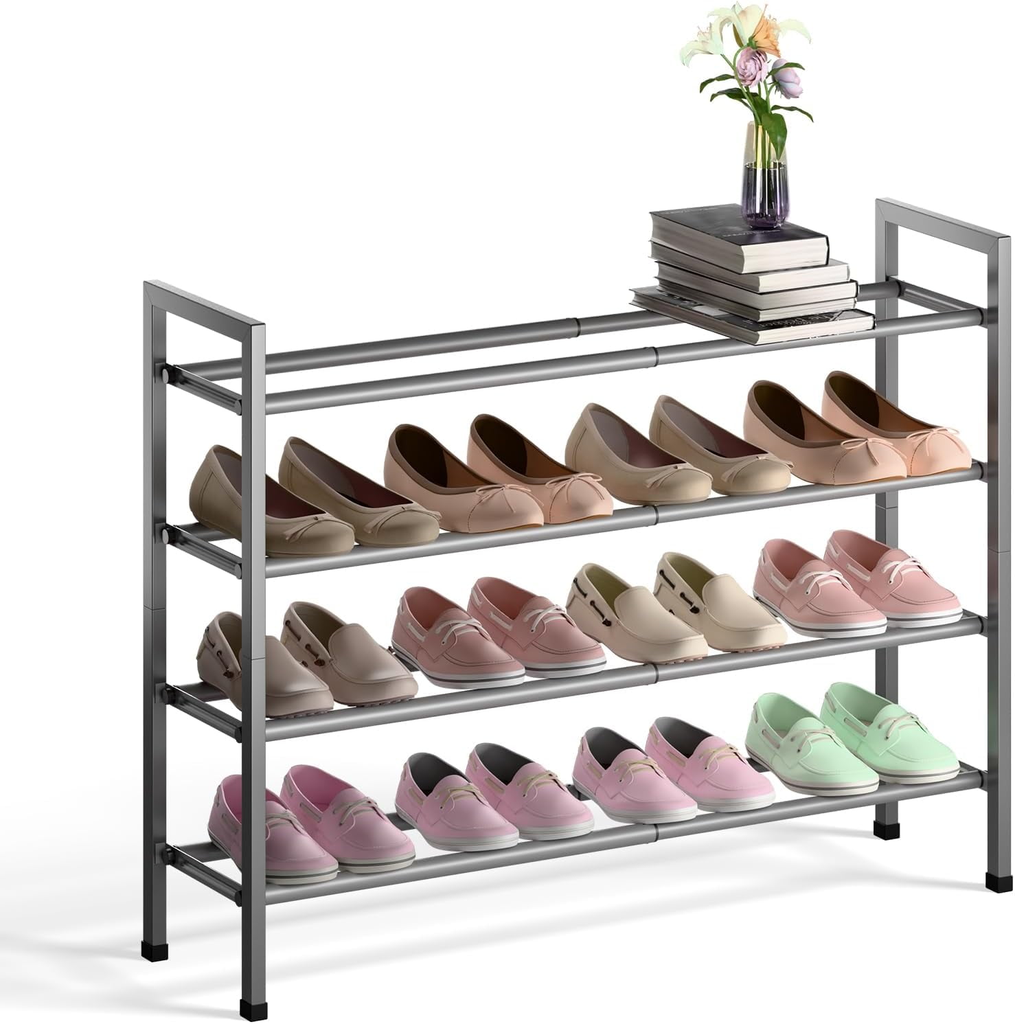 PETGLE 4-Tier Expandable Shoe Rack for Closet, 18“-33” Adjustable Shoe ...