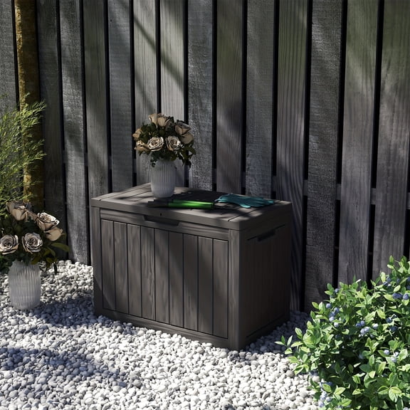 PETGLE 45GAL Waterproof Resin Outdoor Storage Box with Shelving System, Coffee Black, Multi-Purpose Patio Organizer for Tools & Gear, Indoor & Outdoor Deck Storage Cabinet
