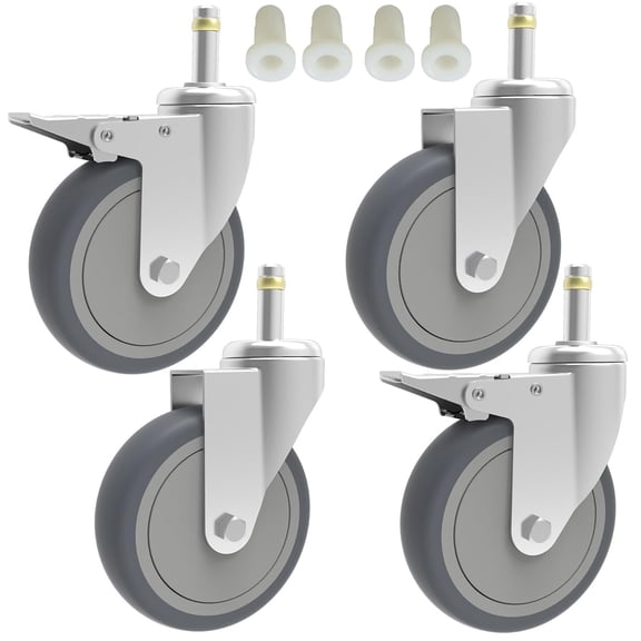 PETGLE 5-Inch Swivel Stem Caster, 7/16-Inch Stem Diameter Rubber Wheel, Heavy Duty TPR Thermoplastic Rubber Replacement Wheels, 225-lb per Wheel- 4 Pack(2 Brakes 2 Swivel)