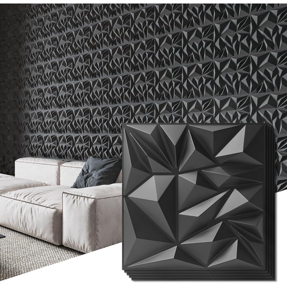 PETGLE 50-Pack 3D Wall Panels for Interior Wall Decor, Modern Diamond Textured Accent Wall Paneling for Gaming Living Room TV Wall Background, 12 x 12 inch Black