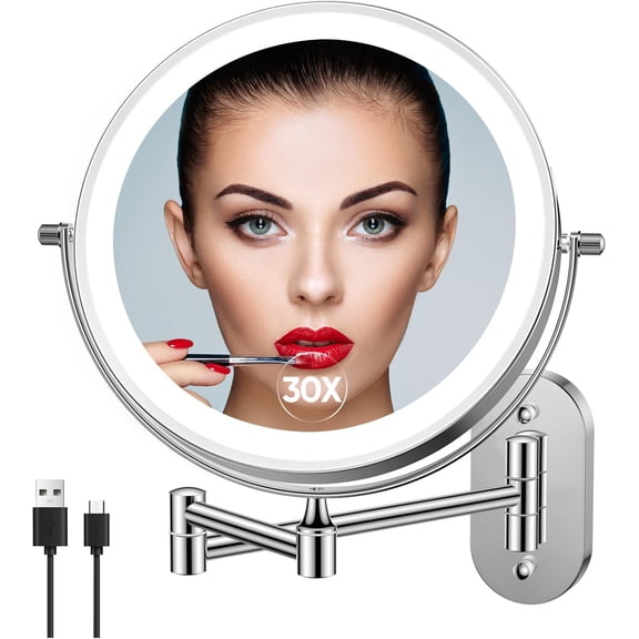 PETGLE 5000mAh Rechargeable Wall Mounted Lighted Makeup Vanity Mirrors, Double Sided 1X 30X Magnifying, 3 Color Lighting, Touch Screen Dimming, Extended Arm 360 Rotation Shaving Bathroom Mirror