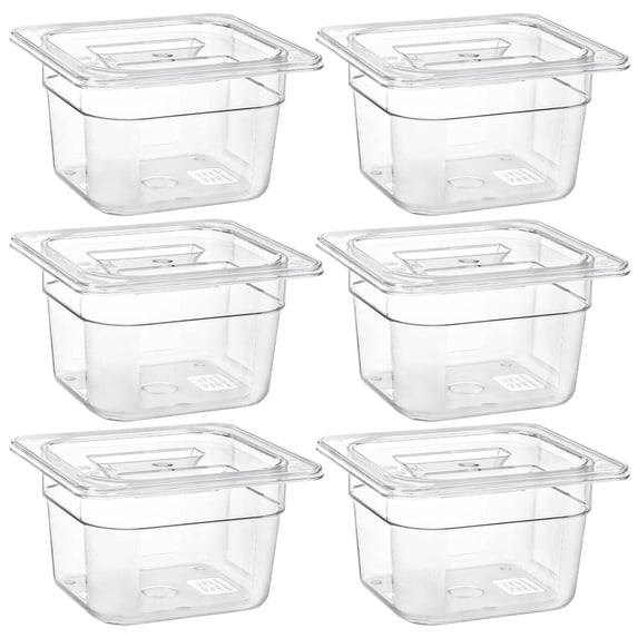PETGLE 6 Pack 1/6 Size Plastic Clear Food Pans with Lids for Kitchen Restaurant Food Prep, 4 Inches Deep