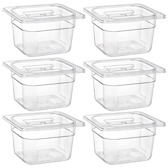 PETGLE 6 Pack 1/6 Size Plastic Clear Food Pans with Lids for Kitchen Restaurant Food Prep, 4 Inches Deep