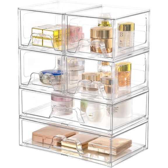 PETGLE 6 Pack Stackable Storage Drawers Clear Acrylic Organizer Makeup Bathroom Organizer and Storage Bins for Beauty Supplies,Ideal for Vanity, Bathroom,Pantry Organization