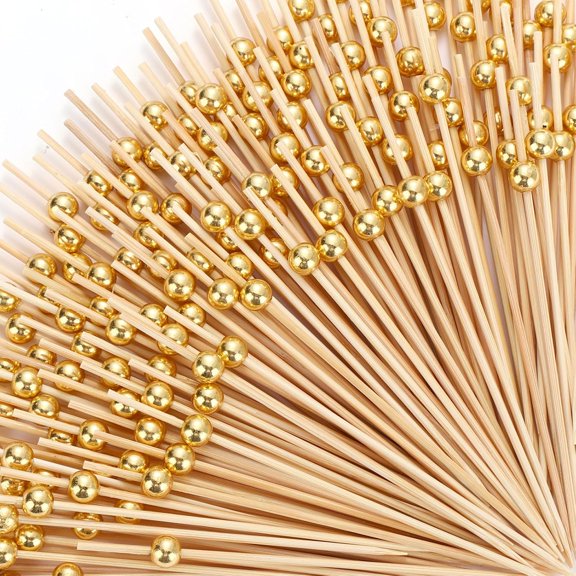 PETGLE 600 Pcs Cocktail Pick Pearl Fancy Toothpick for Appetizer 4.7 Inch Long Skewer for Drink Fruit Food Bamboo Stick Wedding Bridal Shower Decoration Charcuterie Accessories (Gold)