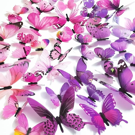 PETGLE 60Pcs 3D Butterfly Wall Decor, Decoration Party Birthday Cake Waterproof Removable Mural Sticker, Butterflies Wall Art Home Decals Living Room Bathroom Bedroom Office Decorative (Pink Purple)
