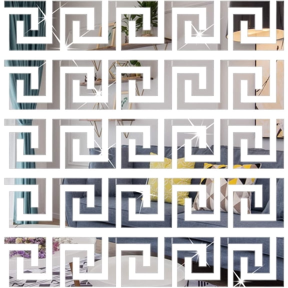 PETGLE 60Pcs DIY Mirror Stickers Removable Adhensive Wall Stickers Decals for Home Art Room Bedroom Background Decoration (Geometric Greek Key Pattern)