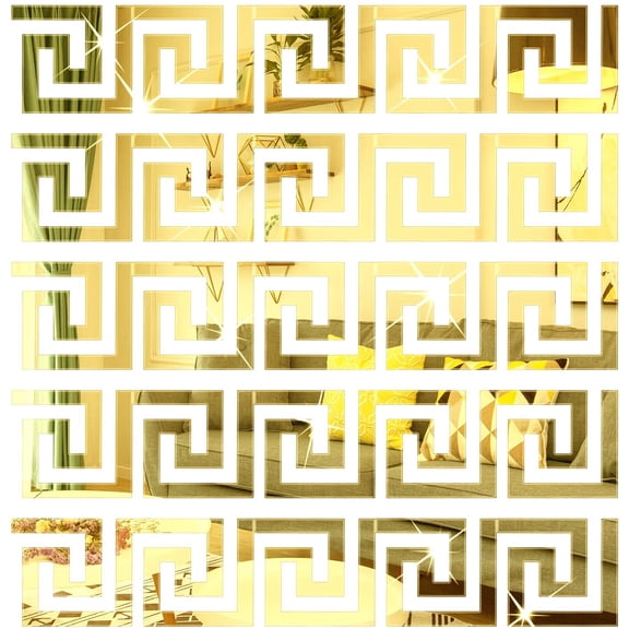 PETGLE 60Pcs DIY Mirror Stickers Removable Adhensive Wall Stickers Decals for Home Art Room Bedroom Background Decoration (Geometric Greek Key Pattern)