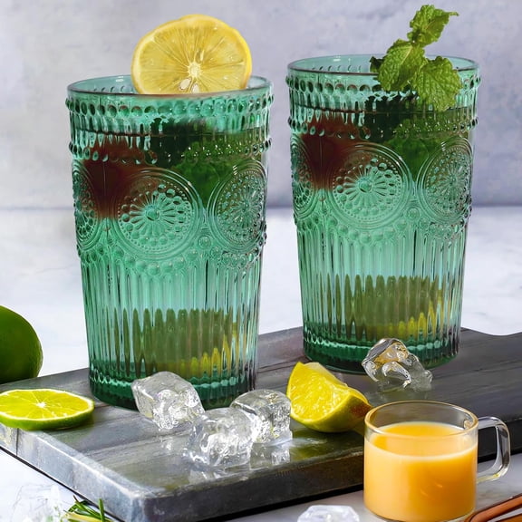 PETGLE 6pcs Vintage Drinking Glasses Set, 12 oz Dark Green Highball Glasses, Embossed Ribbed Glassware Cups for Cocktail, Water, Juice, Coffee, Whiskey