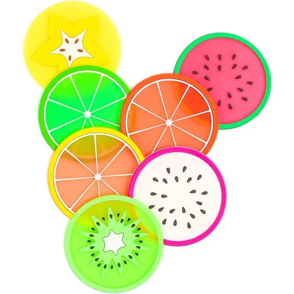 PETGLE 7 Pack 3.5 Inch Fruit Slice Silicone Coasters, Non-Slip Heat Resistant Cup Mats for Table & Car Interior Decoration