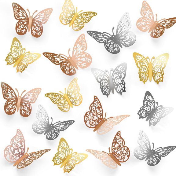 PETGLE 72 Pcs 3D Butterfly Decorations, Wall Decals and Stickers, Butterfly Paper Party Decorations, Birthday Decorations, Butterflies for Crafts, Cake Decorating(Rose Gold & Gold & Silver)
