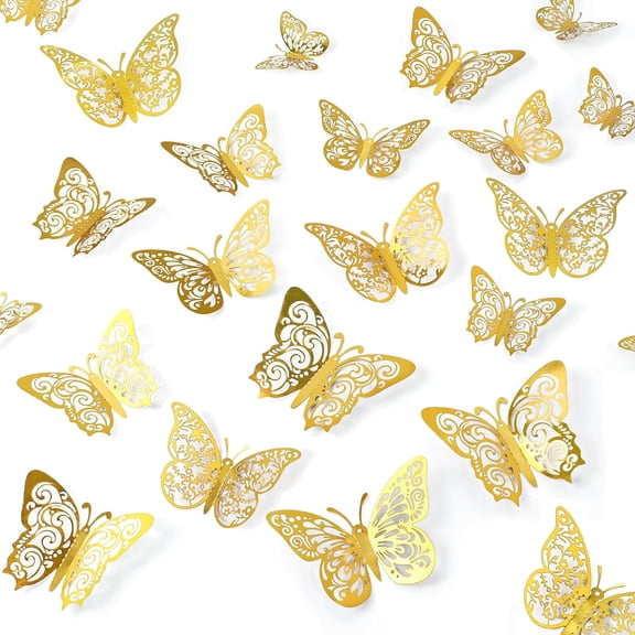 PETGLE 72 Pcs Gold Butterfly Decorations, 3 Sizes 3 Styles, 3D Butterfly Wall Decor, Party Decorations, Birthday Decorations, Butterflies for Crafts, Cake Decorating, Wall Room Decor