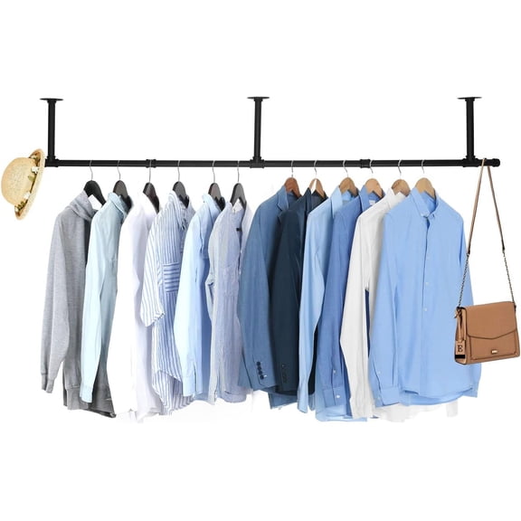 PETGLE 72inch Industrial Pipe Clothes Garment Rack Ceiling Mount For Hanging Rod Bar for Laundry Room Up to Max Load 135Lb