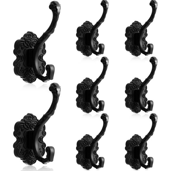 PETGLE 8 Pcs Black Wall Hooks Set Vintage Coat & Towel Hooks for Entryway, Bathroom, Bedroom Decorative Heavy Duty Wall Mounted Unique French Country Curtain Holder for Keys, Hats Bags, Clothes