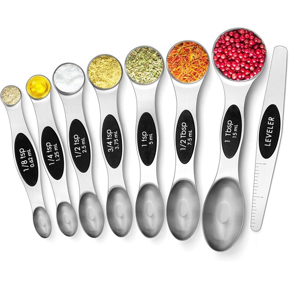 PETGLE 8 Pcs Upgraded Magnetic Measuring Spoons Set Stainless Steel Dual Sided for Liquid Dry Food Measuring Cups Spoons Set Fits in Spice Jar Kitchen Gadgets Including Leveler, Silver