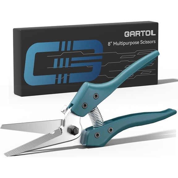 PETGLE 8" Scissors All Purpose Heavy Duty, Ultra sharp Tin Snips with Cable Notch, Finely Serrated Angled-Blades - Industrial Scissors for Carpet, Cardboard, Sheet Metal, Leather, Insulation, Wires