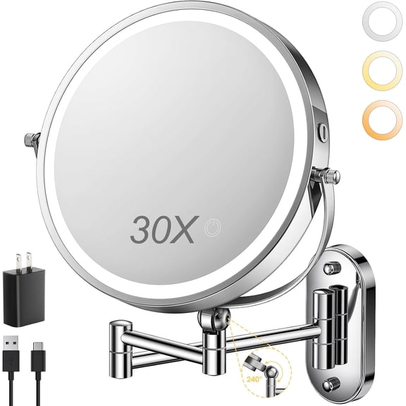 PETGLE 9" Wall Mounted Lighted Makeup Mirror,4000mAh Rechargeable Double Sided 1X/30X Magnifying Mirror with Light,Touch Dimmable,Extended Arm 360 Rotation Wall Mounted Makeup Mirror 3 Color Lights-C