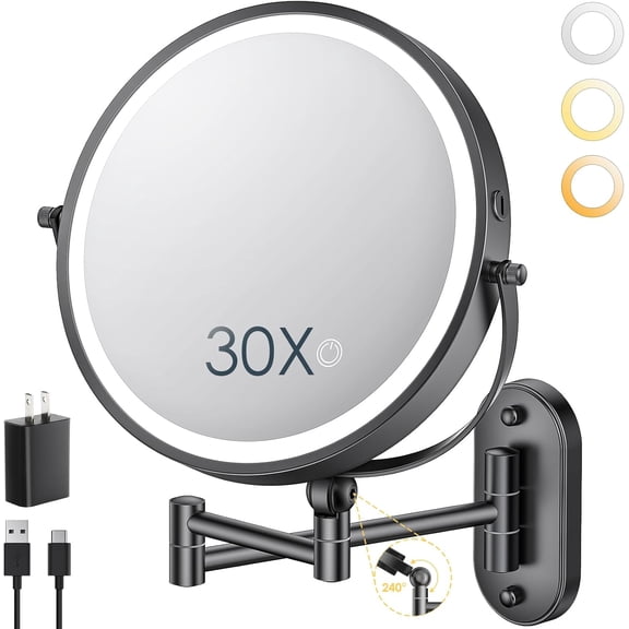 PETGLE 9" Wall Mounted Lighted Makeup Mirror,4000mAh Rechargeable Double Sided 1X/30X Magnifying Mirror with Light,Touch Dimmable,Extended Arm 360 Rotation Wall Mounted Makeup Mirror 3 Color Lights