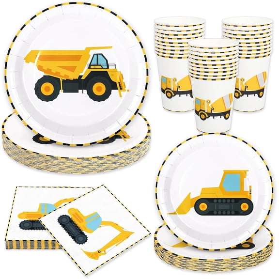 PETGLE 96Pcs Construction Party Tableware Dump Truck Paper Plate Napkin Cup Yellow Black Disposable Dinnerware Set for 24 Guests Birthday Party Table Decor