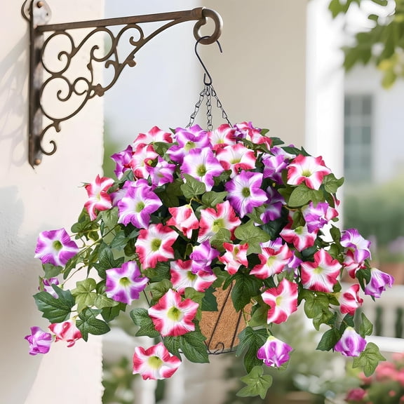 PETGLE Artificial Hanging Flowers Plants with Basket for Outdoors, Artificial Petunias UV Resistant Realistic Silk Petunias Fake Flowers for Outdoor Garden Porch Balcony Decoration, Red Lotus