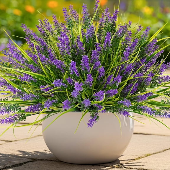 PETGLE Artificial Plants Outdoor, 20 Bundles Fake Monkey Grass with Spring Summer Flowers, Faux Plants for Garden Window Office Patio Hanging Planter Pathway Front Porch Home(Purple)