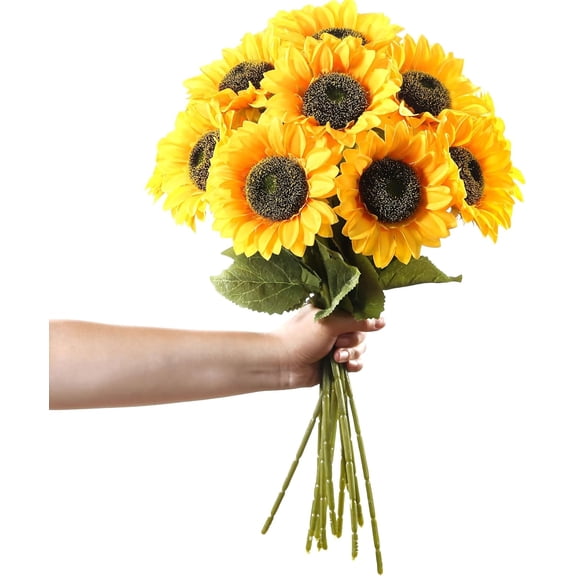 PETGLE Artificial Sunflower Flowers Long Stem Silk Fake Sunflowers Decoration for Outdoor Home Wedding Birthday Party Single Bulk Yellow Decor(Dark Center) (Yellow, 8Pcs)