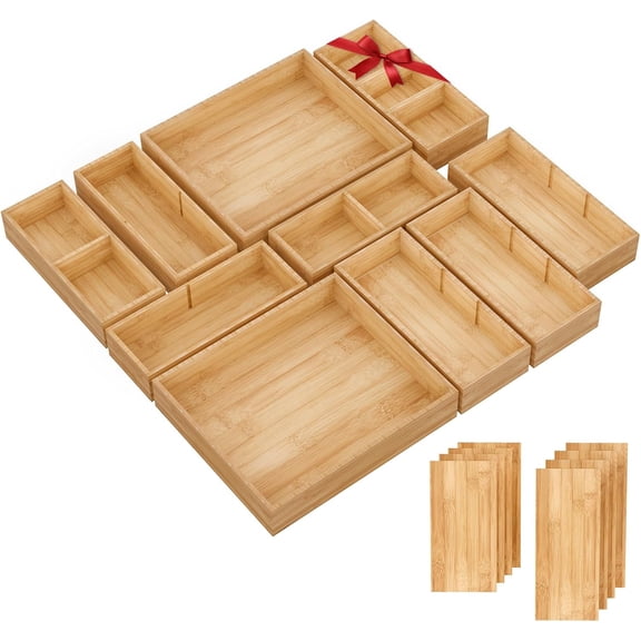 PETGLE Bamboo Drawer Organizer, 10-Piece Drawer Divider with Removable Dividers for Organization and Storage, Multi-Use Stackable Storage Box & Utensil Holder for Kitchen, Office, Makeup & More