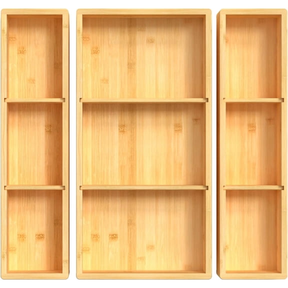 PETGLE Bamboo Drawer Organizer 12.5'' X 12.5'' X 2'', Adjustable 3 Individual Junk Drawer organizer for Bathroom and Kitchen, Wood Drawer Tea Organier Boxes for Silverware, Make up and Tea Bag