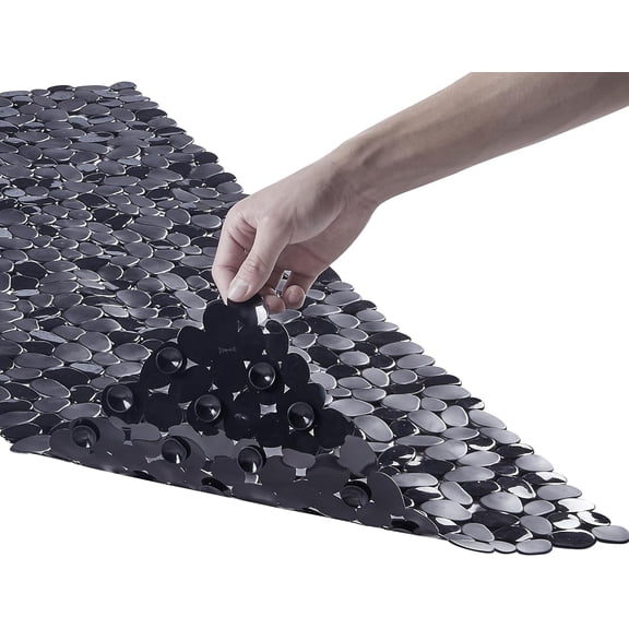 PETGLE Bath Shower Mat Non Slip: Extra Large Pebble Bathtub mat for Families, Anti Slip Shower Matt with Drain Holes Suction Cups Tub Mat - 16 X 40 Inch Black