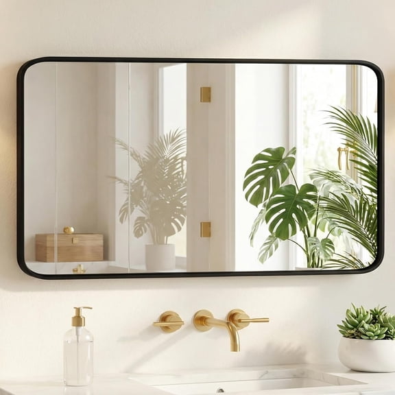 PETGLE Bathroom Wall Mirror, 48x30 Inch Wall Mount Mirror for Over Sink, Modern Rounded Rectangle Vanity Mirrors with Matte Metal Framed, for Home Decor, Living Room, Bedroom, Black