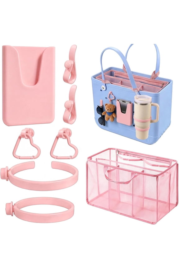 Beach Bag Organizer for X Large Bogg Bag Accessories Inserts, 2 Pack Cup Holder for Bogg Bags, Phone Holder Accessories and Hooks Insert Compatible with Simple Modern Beach Tote Bag (Pink)