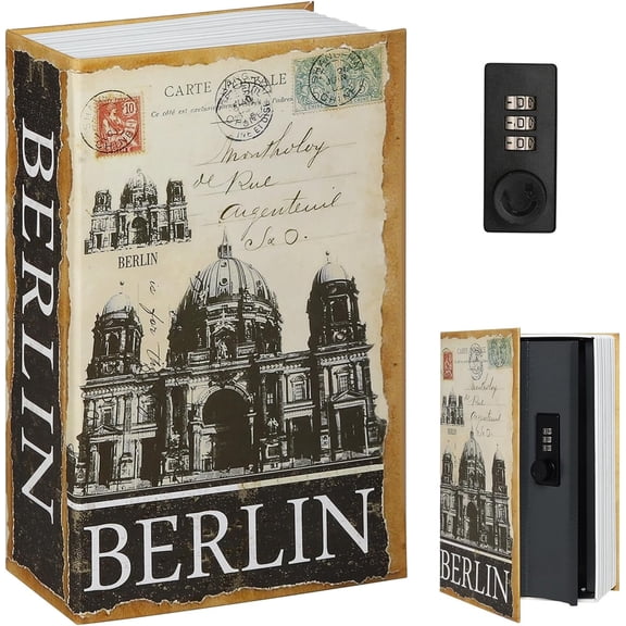 PETGLE Book Safe with Combination Lock, Diversion Hidden Secret Metal Lock Box for Home Security, Money & Jewelry, 9.5" x 6.2" x 2.2", Berlin