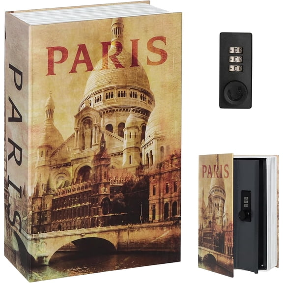 PETGLE Book Safe with Combination Lock, Diversion Hidden Secret Metal Lock Box for Home Security, Money & Jewelry, 9.5" x 6.2" x 2.2", Paris