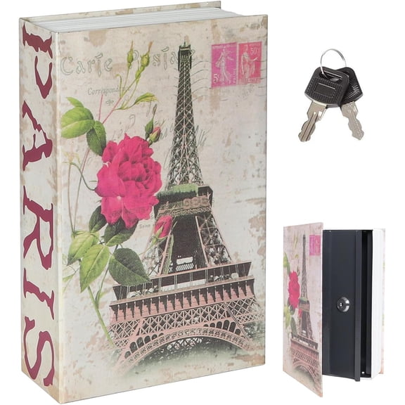 PETGLE Book Safe with Key Lock, Diversion Hidden Secret Metal Lock Box for Home Security, Money & Jewelry, 9.5" x 6.2" x 2.2", Eiffel Tower