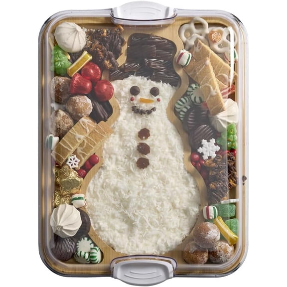 PETGLE Build-A-Board Snowman Shaped Bamboo Serving Board with Clear Lid, Make and Take Holiday Charcuterie and Dessert Tray