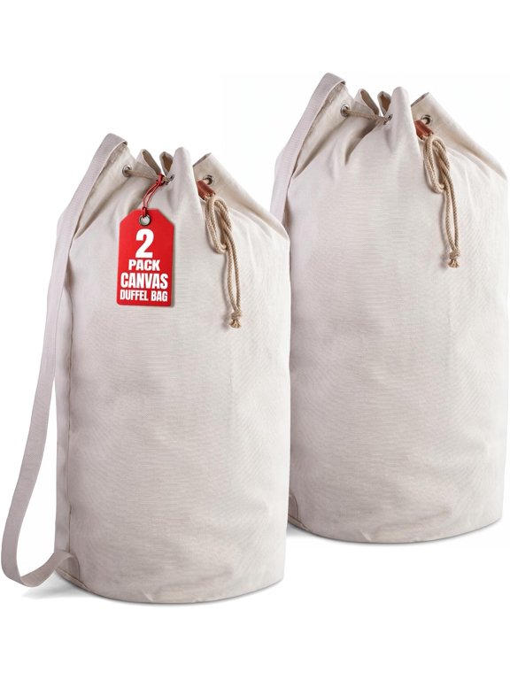 Canvas Duffel Bag - Drawstring, Leather Closure, Shoulder Strap. (2-PACK)