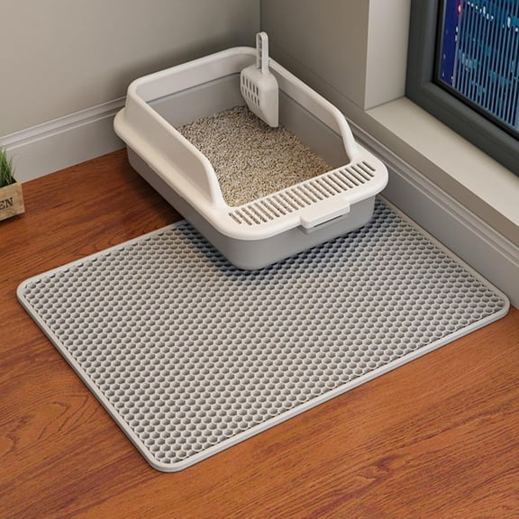 PETGLE Cat Litter Mat, 45x26/35x24/30x22/24x18 Inch Double Layer Cat Litter Box Mat, EVA Non-Slip, Waterproof Urine Proof Cat Litter Catcher Mat, Easy Clean Scatter Control (24x18 Inch, Gray)