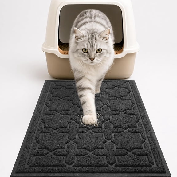 PETGLE Cat Litter Mat, Easy Clean Trapping PVC Mat with Waterproof Backing and Non Slip Bottom, Scatter Control Pad for Litter Box, 24"x20", Black