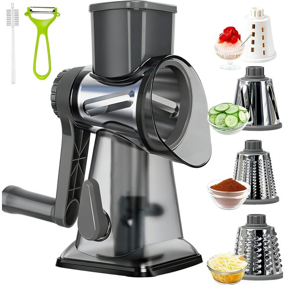 PETGLE Cheese Grater,Rotary Cheese Grater with Handle, Multifunctional Rotary Cheese Shredder Effortlessly Grates Cheese, Vegetables, and Fruits (Gray)