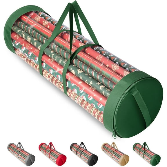 PETGLE Christmas Wrapping Paper Organizer Storage, 41" Gift Wrapping Paper Storage Containers, Clear PVC with Durable 600D Oxford Fabric Gift Wrap Paper Holder Fits 18-25 Rolls, Green