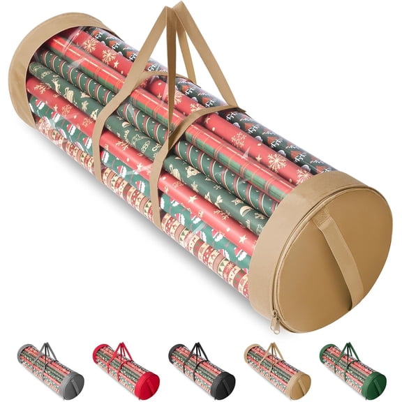 PETGLE Christmas Wrapping Paper Organizer Storage, 41" Gift Wrapping Paper Storage Containers, Clear PVC with Durable 600D Oxford Fabric Gift Wrap Paper Holder Fits 18-25 Rolls, Golden