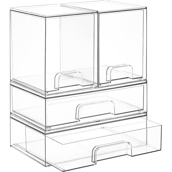 PETGLE Clear Stackable Storage Drawers Set of 4, Plastic Organizer Bins for Makeup, Cosmetics, Beauty Supplies,Ideal for Vanity, Bathroom,Cabinet,Pantry Organization