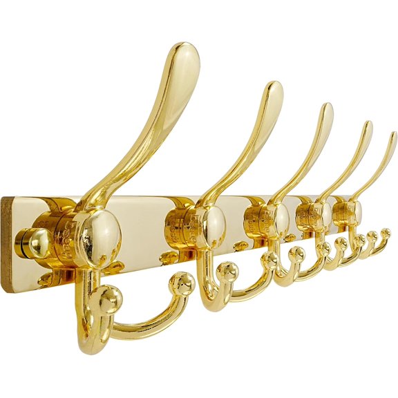 PETGLE Coat Rack Wall Mount, Heavy Duty 12-Gauge Base vs Flimsy 1mm, Double-Thick Solid Anti-Snap Hooks, 16” Stud-Mount, Stainless Steel Hanger for Clothes Hat Entryway Closet Mudroom, Gold