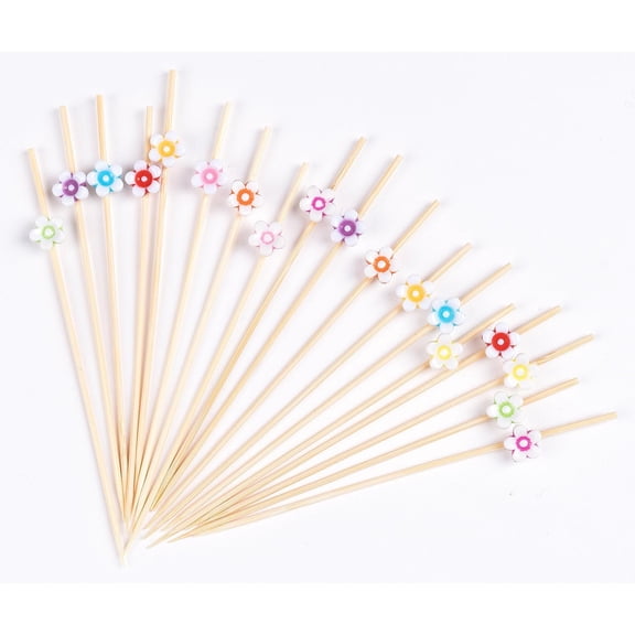 PETGLE Cocktail Picks Handmade Bamboo Toothpicks 100pcs 4.7” in Multicolor Flower