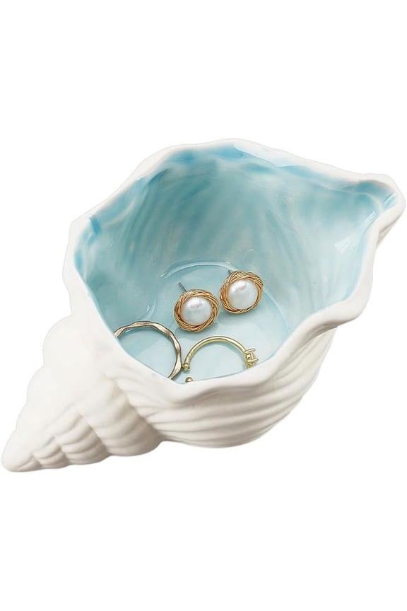 Conch Shape Ceramic Jewelry Tray, Aqua Shell Trinket Dish Ceramic Ring Earring Holder Ocean-themed Decorative Trinket Plate for Rings Earrings Necklaces Bracelet Jewelry Watch Keys