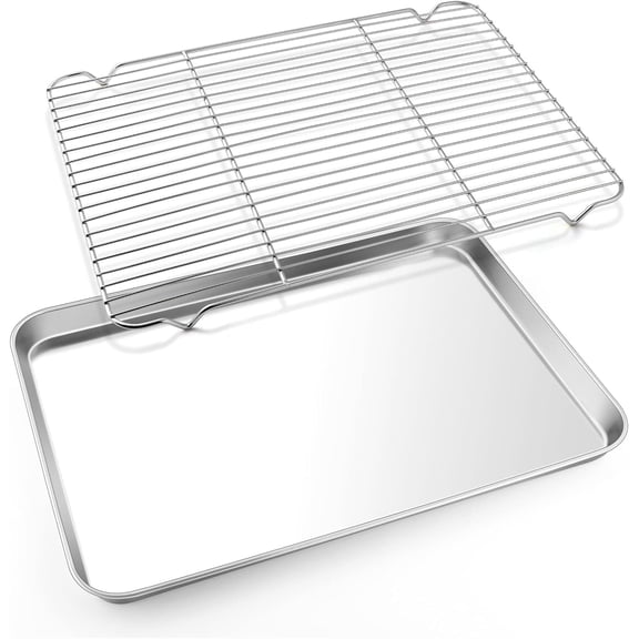 PETGLE Cookie Sheet with Rack Set, Half Sheet Baking Pan for Oven Cooking, 18”x13” Stainless Steel Rimmed Tray with Wire Cooling Rack for Roasting Broiling Bacon Meat Steak - Dishwasher Safe