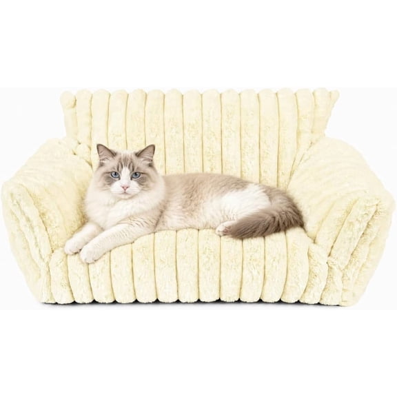PETGLE Cream White Plush Pet Sofa Bed for Cats and Small Dogs, 30 x 20 x 10 in Luxury Ribbed Cat Couch with Raised Back and Armrests, Soft Cozy Indoor Pet Bed for Kittens, Puppies and Small Pets