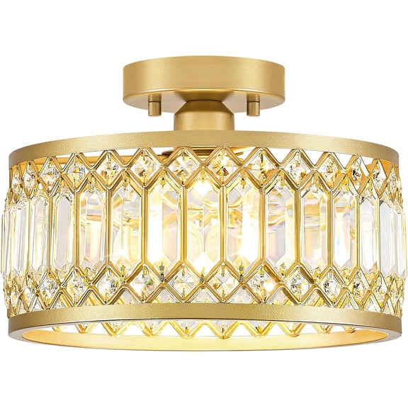 PETGLE Crystal Gold Ceiling Light, Modern Semi Flush Mount Ceiling Lighting Fixture, Round Hallway Lighting Fixtures for Kitchen Entryway Bedroom Laundry Room, 1-Light, 11.4 Inch