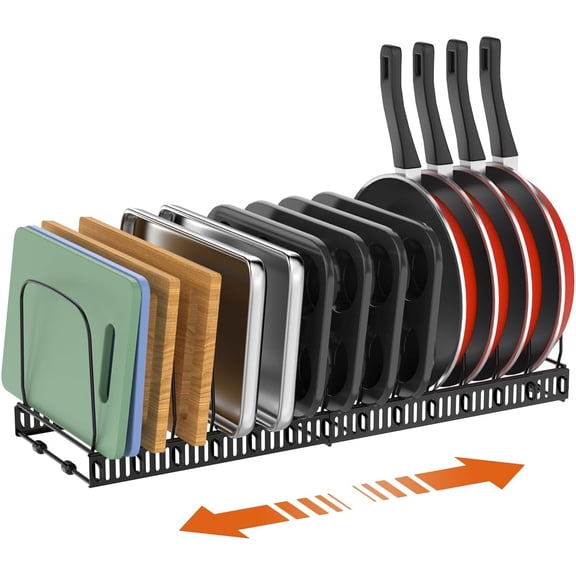 PETGLE Cutting Board Organizer Rack, Expandable Baking Tray and Cookie Sheet Organizer with 14 Adjustable Dividers, Bakeware Muffin Tin Cupcake Pan Storage Organizer for Cabinet, Black